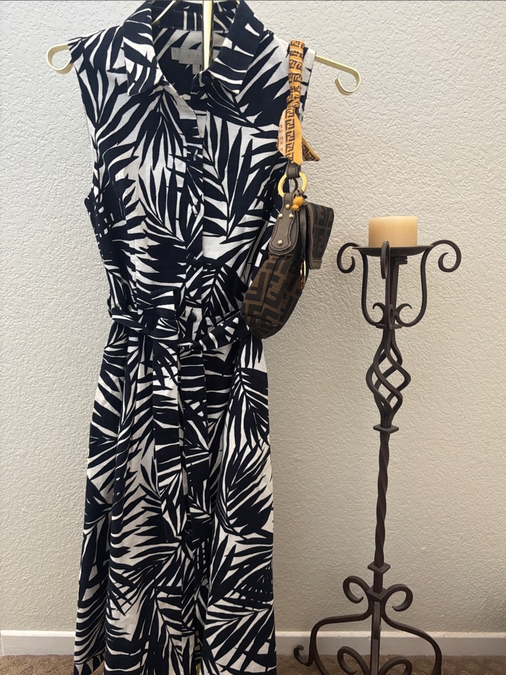 Hobbs London Sleeveless Black/White Palm-Print Midi Dress w/Self Tie Waist |Sz 6